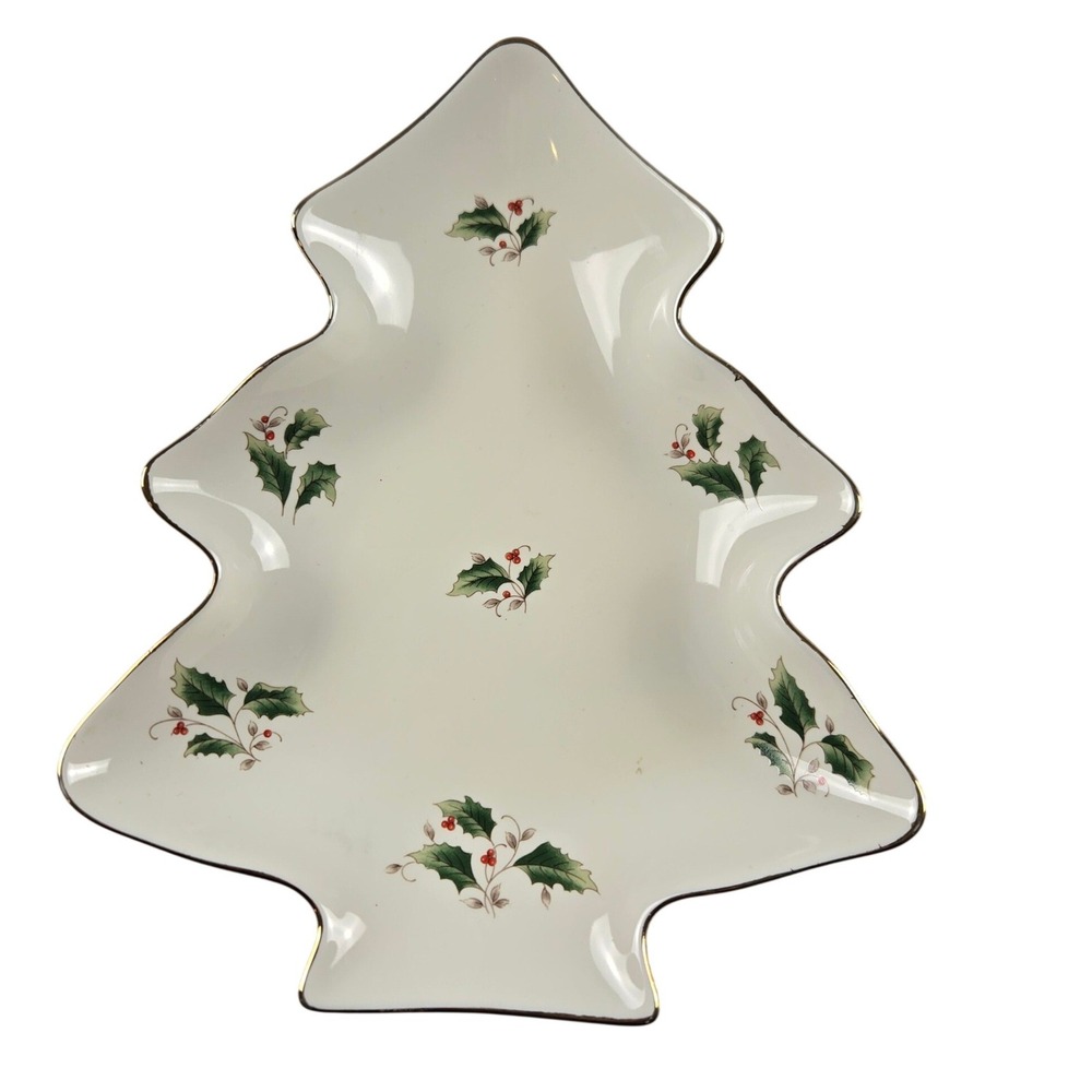 Royal Limited Holly Holiday Christmas Tree Serving Dish Japan Gold Trim 8"